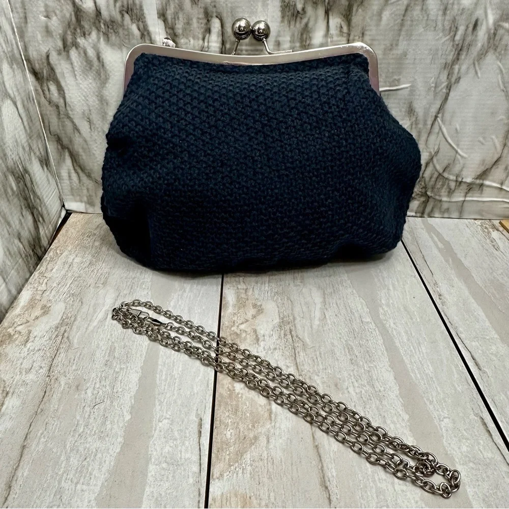 Navy Blue Crochet Knit Clutch Removable Crossbody Chain Strap Boho Chic Metro